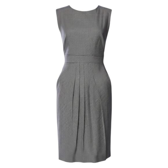 AKRIS PUNTO Wool Dress 12 Pockets Lined Houndstooth Pleats Classic Tailored Chic